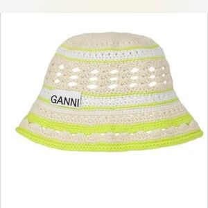 Ganni Crochet Bucket Hat in Cream and Neon Green